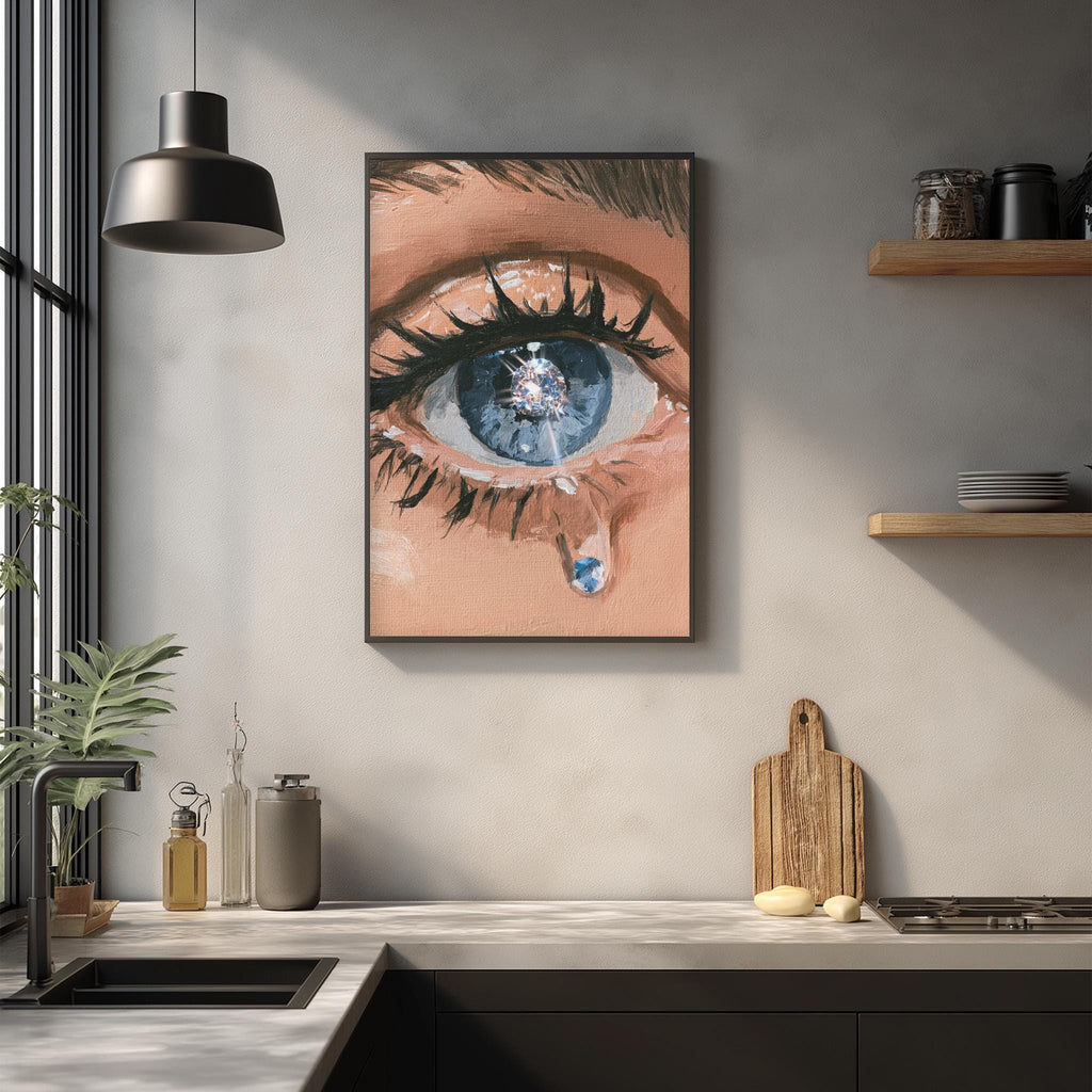a large painting of an eye with a tear, hanging on a wall above a kitchen counter.