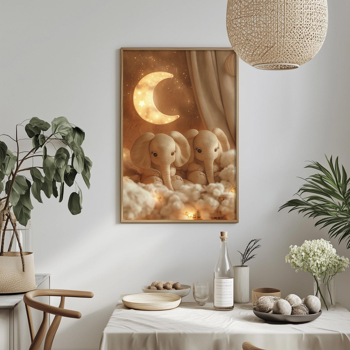a cozy and whimsical scene with two elephants sitting on clouds, illuminated by a crescent moon. The elephants are surrounded by a starry night sky, creating a serene and enchanting atmosphere. The setting includes a dining table with a bowl of fruit, a bottle, and a vase, adding to the overall charm of the scene.