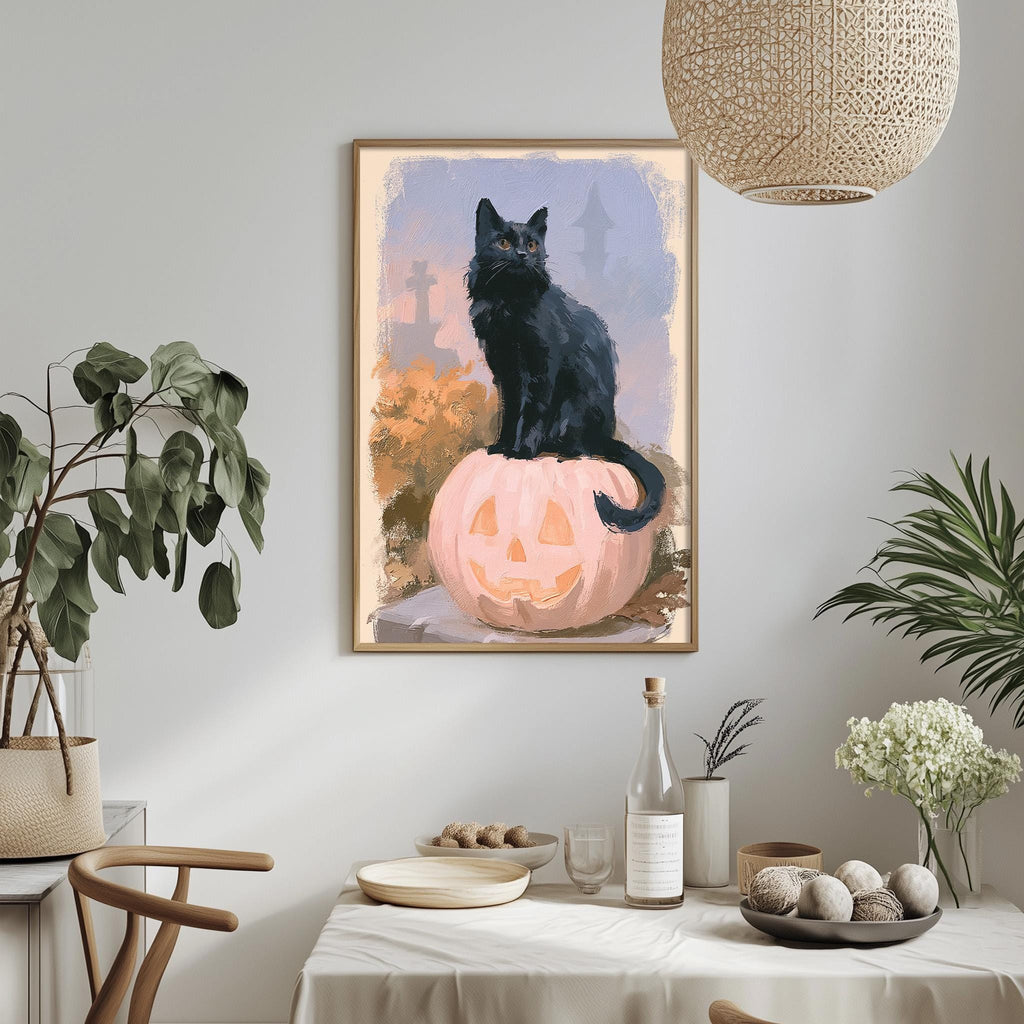 a black cat sitting on a pumpkin with a carved face, surrounded by Halloween-themed decor and plants.