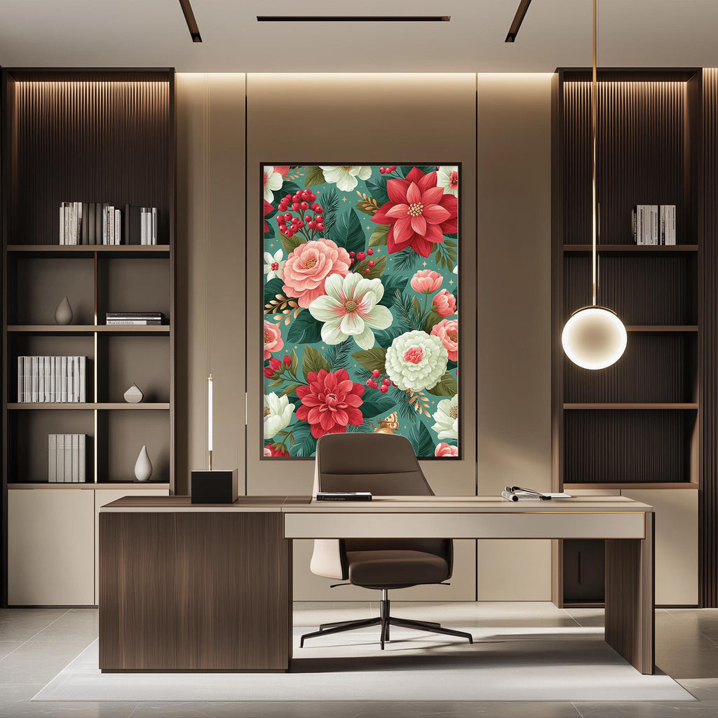 a modern and well-lit office space with a large floral artwork hanging on the wall behind a desk. The desk is positioned in front of the artwork, creating a focal point in the room. The office also features built-in bookshelves and a pendant light, contributing to the overall aesthetic and functionality of the space.