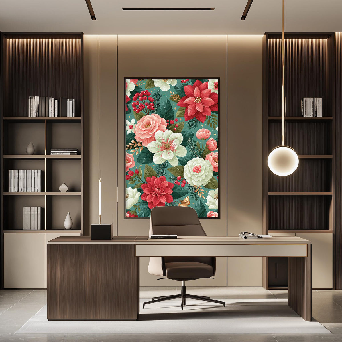 a modern and well-lit office space with a large floral artwork hanging on the wall behind a desk. The desk is positioned in front of the artwork, creating a focal point in the room. The office also features built-in bookshelves and a pendant light, contributing to the overall aesthetic and functionality of the space.