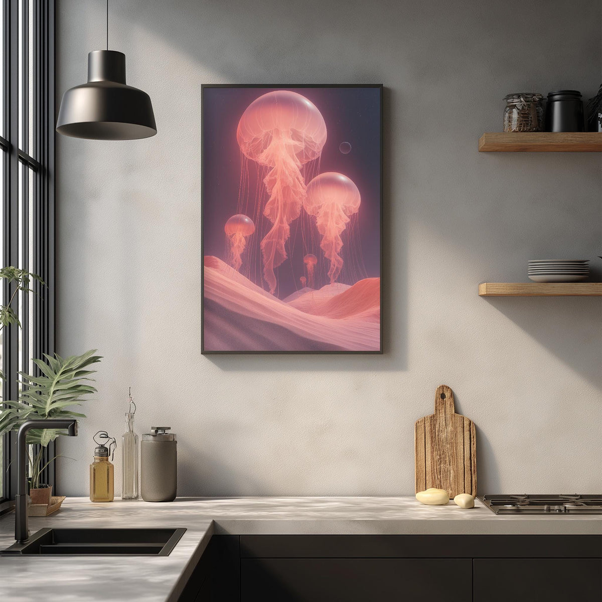 a kitchen counter with various kitchen items, including a cutting board, a sink, and a plant. Above the counter, there is a framed artwork depicting jellyfish floating in a pinkish-purple ocean scene.