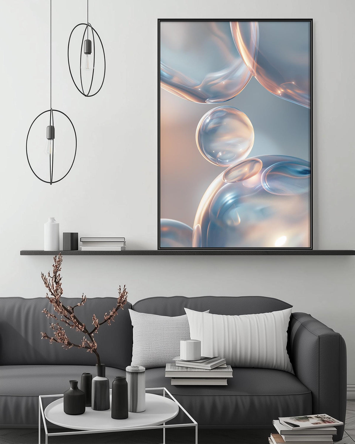 a modern living room with a gray sofa, a coffee table, and a large abstract painting hanging on the wall above the sofa.