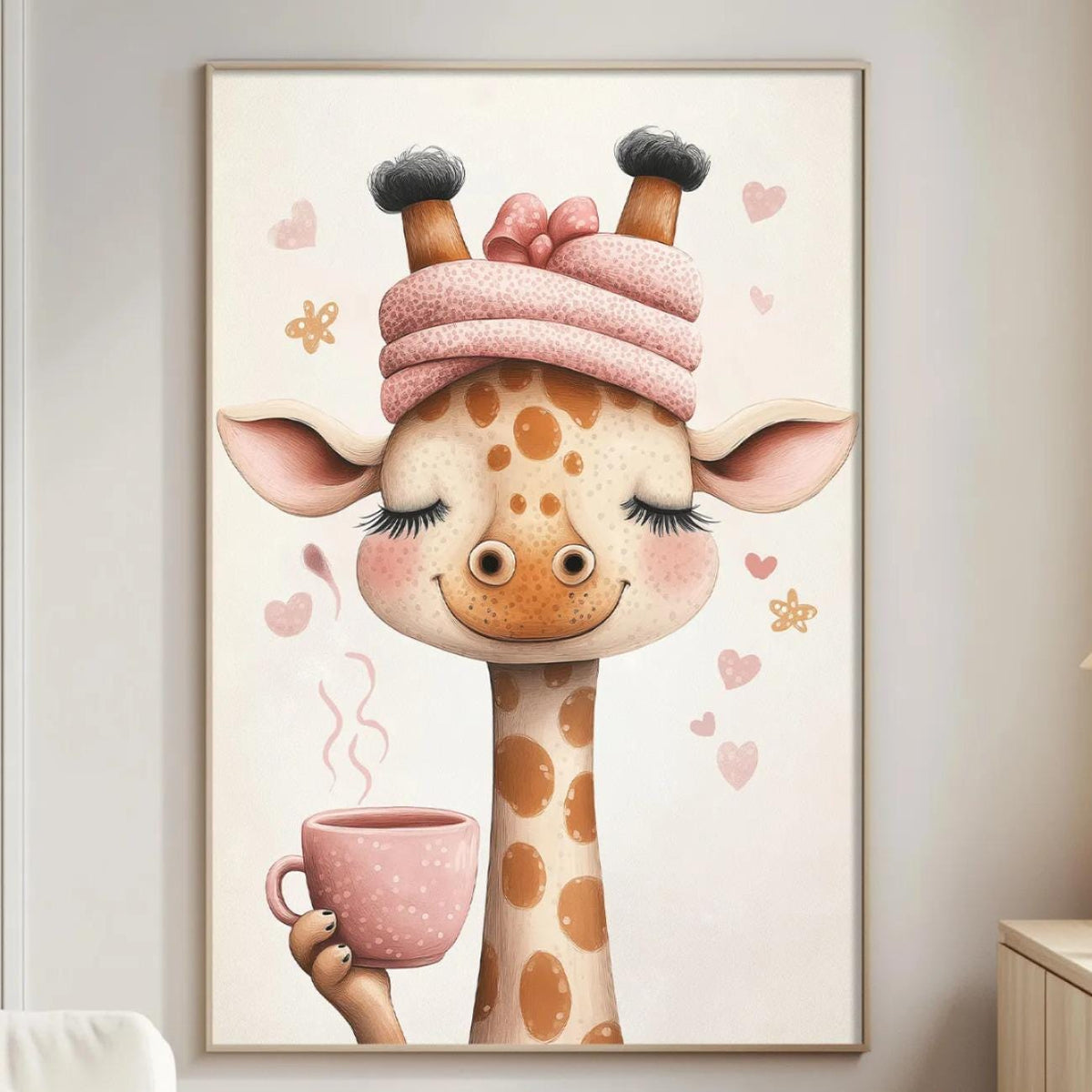 A cozy living room with a large framed illustration of a giraffe holding a cup of coffee, surrounded by hearts and flowers, creating a warm and inviting atmosphere.