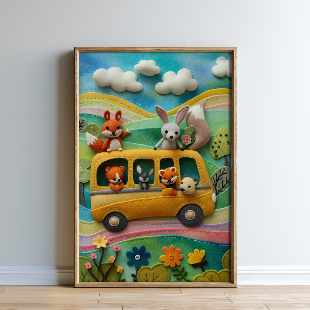 A framed collage depicting a whimsical scene with various animals, including a squirrel, rabbit, and fox, riding on a yellow school bus through a colorful landscape with flowers and clouds.