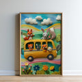 A framed collage depicting a whimsical scene with various animals, including a squirrel, rabbit, and fox, riding on a yellow school bus through a colorful landscape with flowers and clouds.