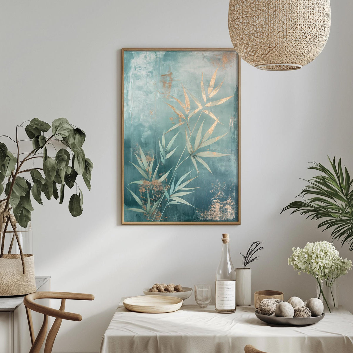 a dining table set with a white tablecloth, a bowl of fruit, a bottle, and a vase with flowers. Above the table, there is a framed painting of green leaves and gold accents hanging on the wall.
