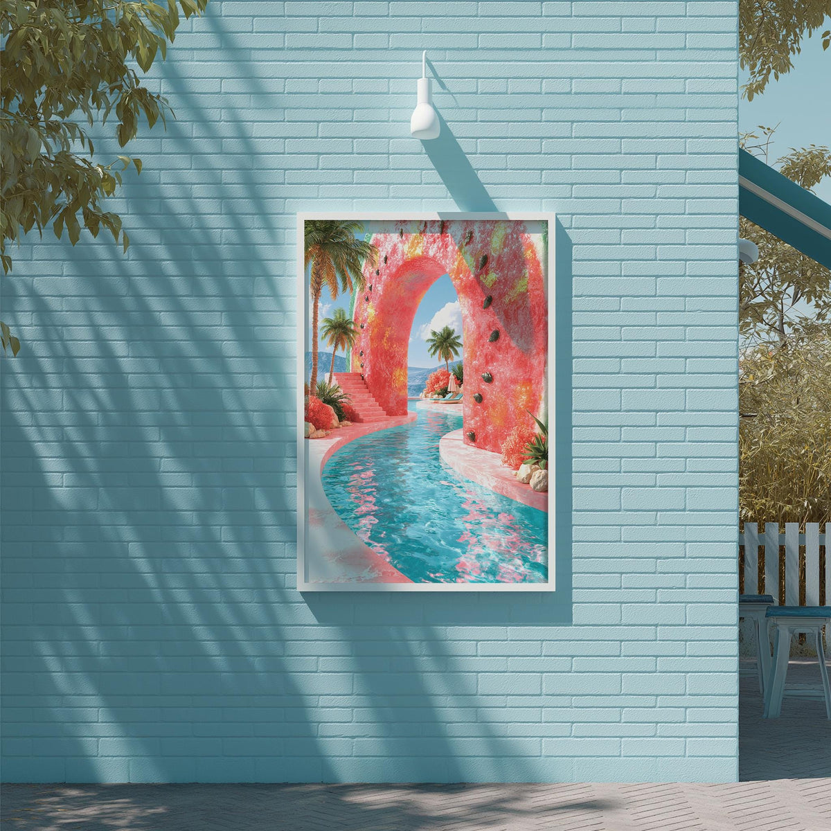 a vibrant, colorful painting of a tropical landscape, with a winding river and lush palm trees, set against a blue brick wall.