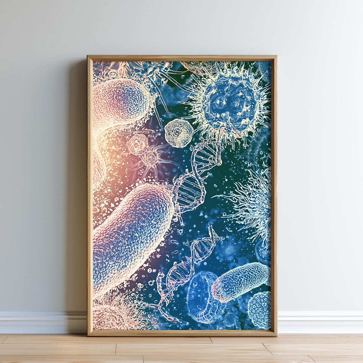 The image is a framed print depicting various bacteria and viruses, including a virus-like structure and other cellular structures, against a blue and green background.