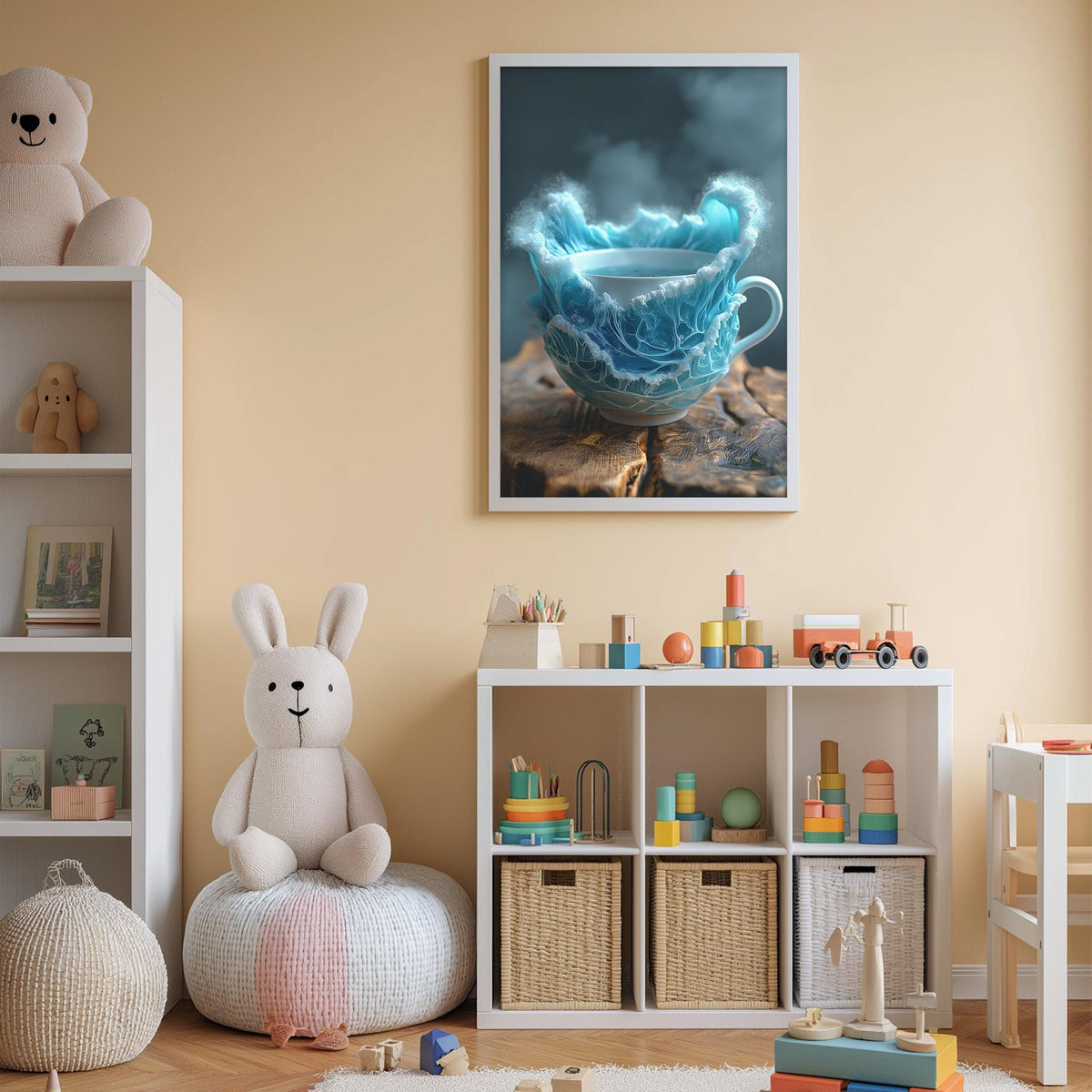 A cozy children's room with a white bookshelf, a plush white bunny, and a colorful toy box filled with various toys. A framed image of a teacup with a wave-like design hangs on the wall above the toy box.