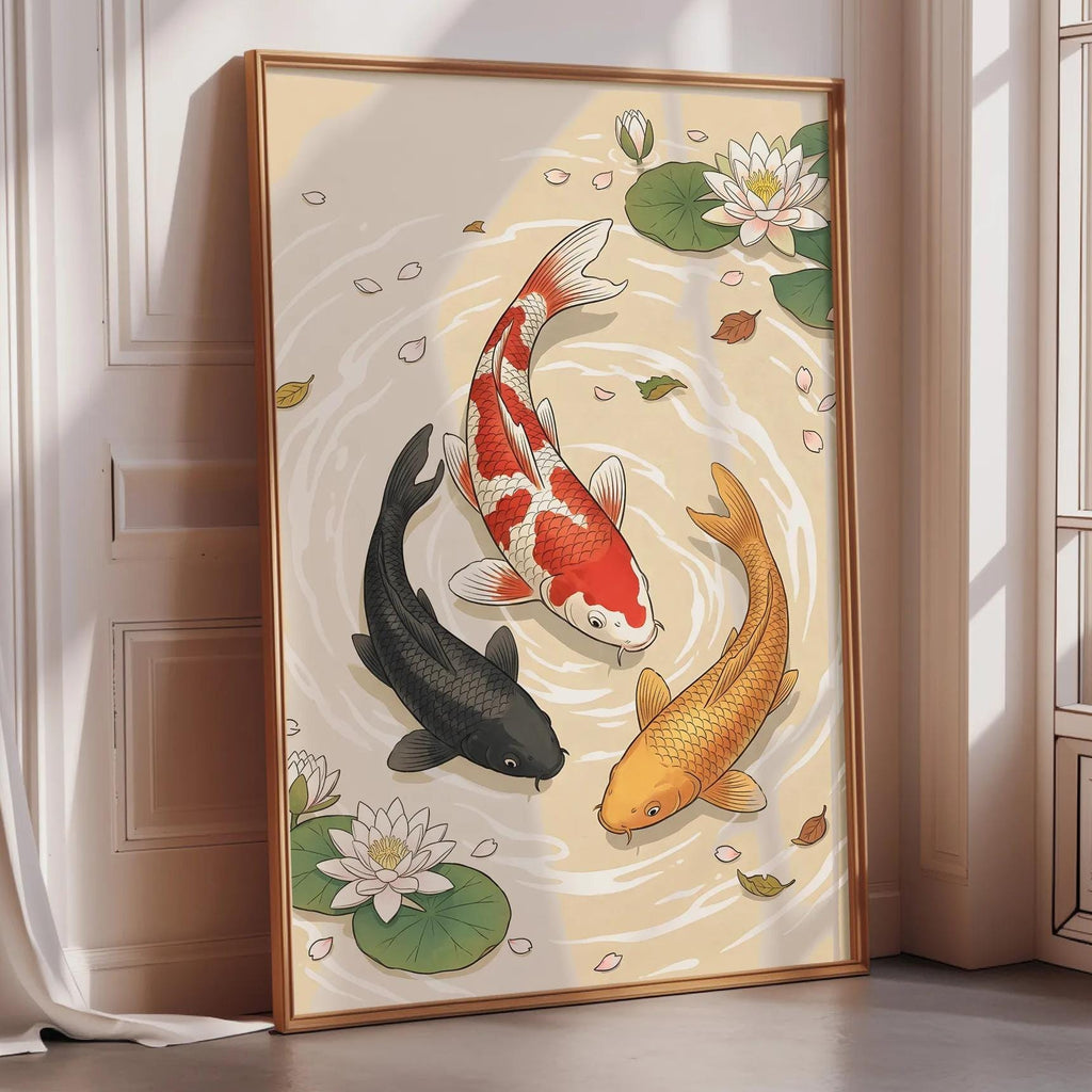 A framed illustration of three colorful fish swimming in a pond, surrounded by lily pads and flowers.