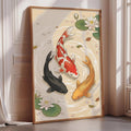 A framed illustration of three colorful fish swimming in a pond, surrounded by lily pads and flowers.