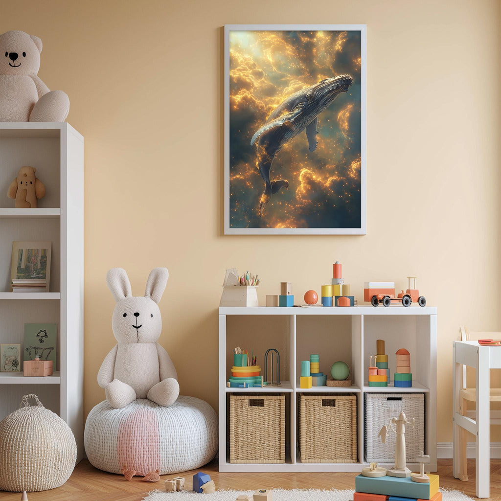 a child's bedroom with a large whale painting on the wall, a stuffed rabbit, a toy shelf with various toys, and a white chair.