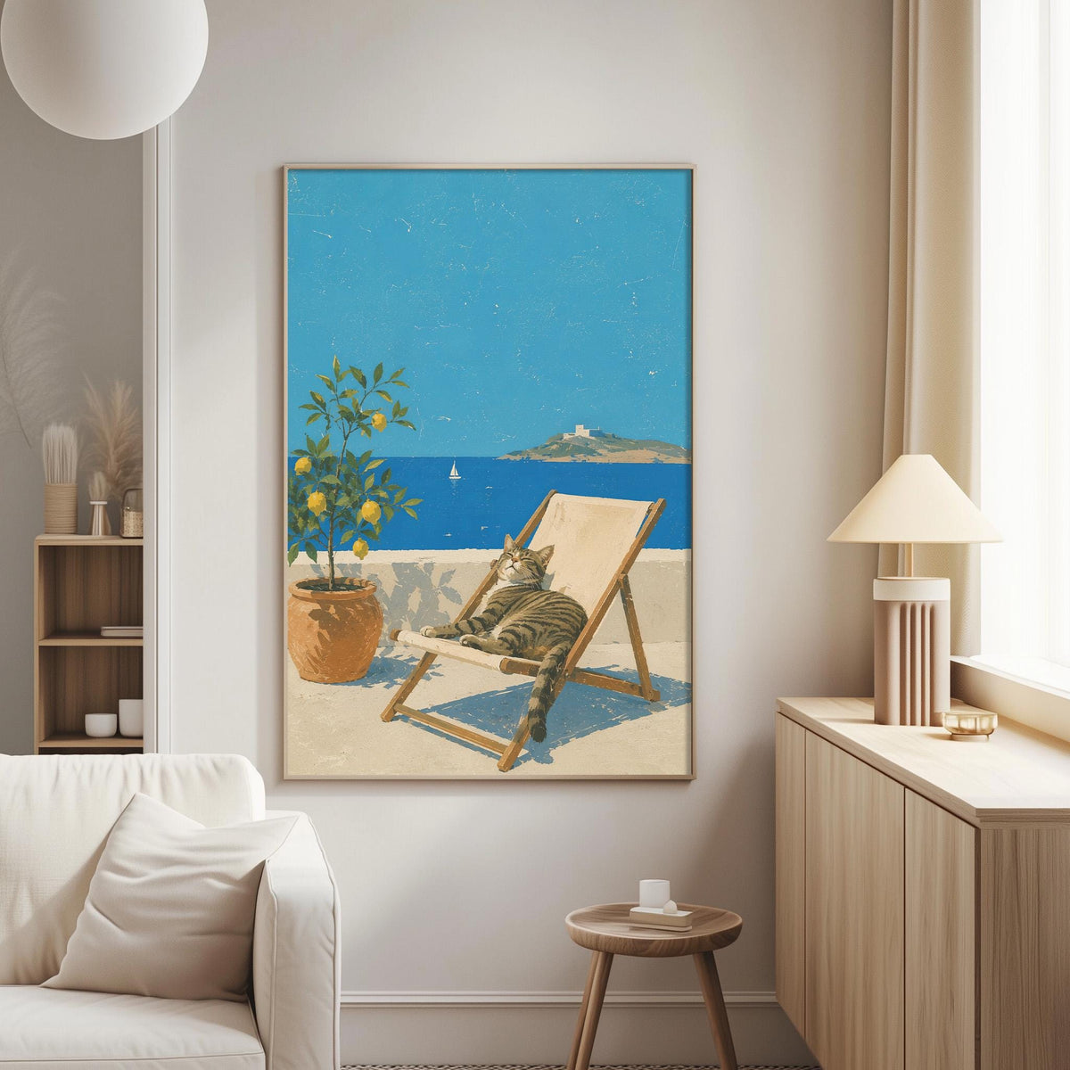 a cat lounging in a beach chair, with a potted plant and a vase of flowers nearby, and a serene ocean view in the background.