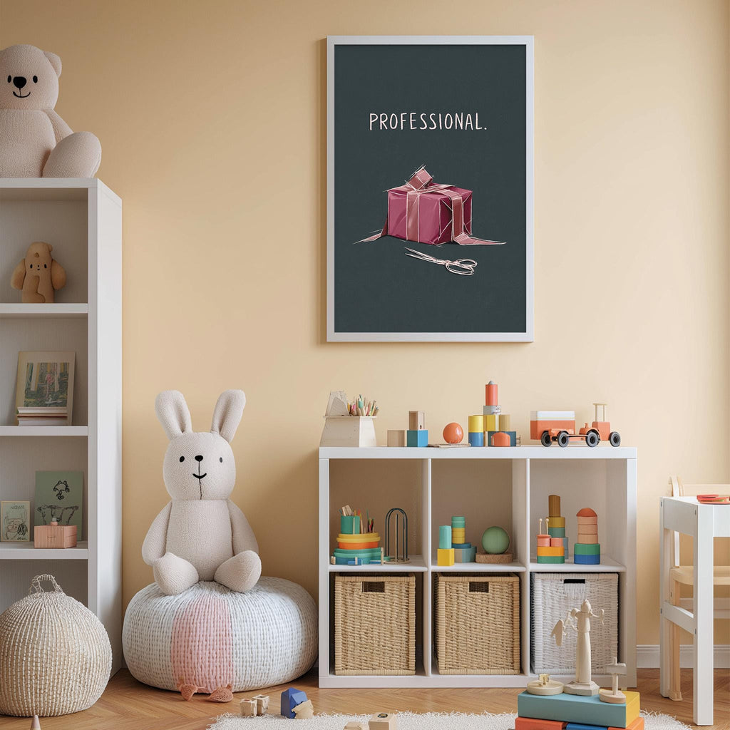 A cozy children's room with a large stuffed rabbit, a bookshelf, and a toy chest filled with toys. A framed poster with a graphic of a gift box and scissors hangs on the wall, and a shelf holds various toys and books.
