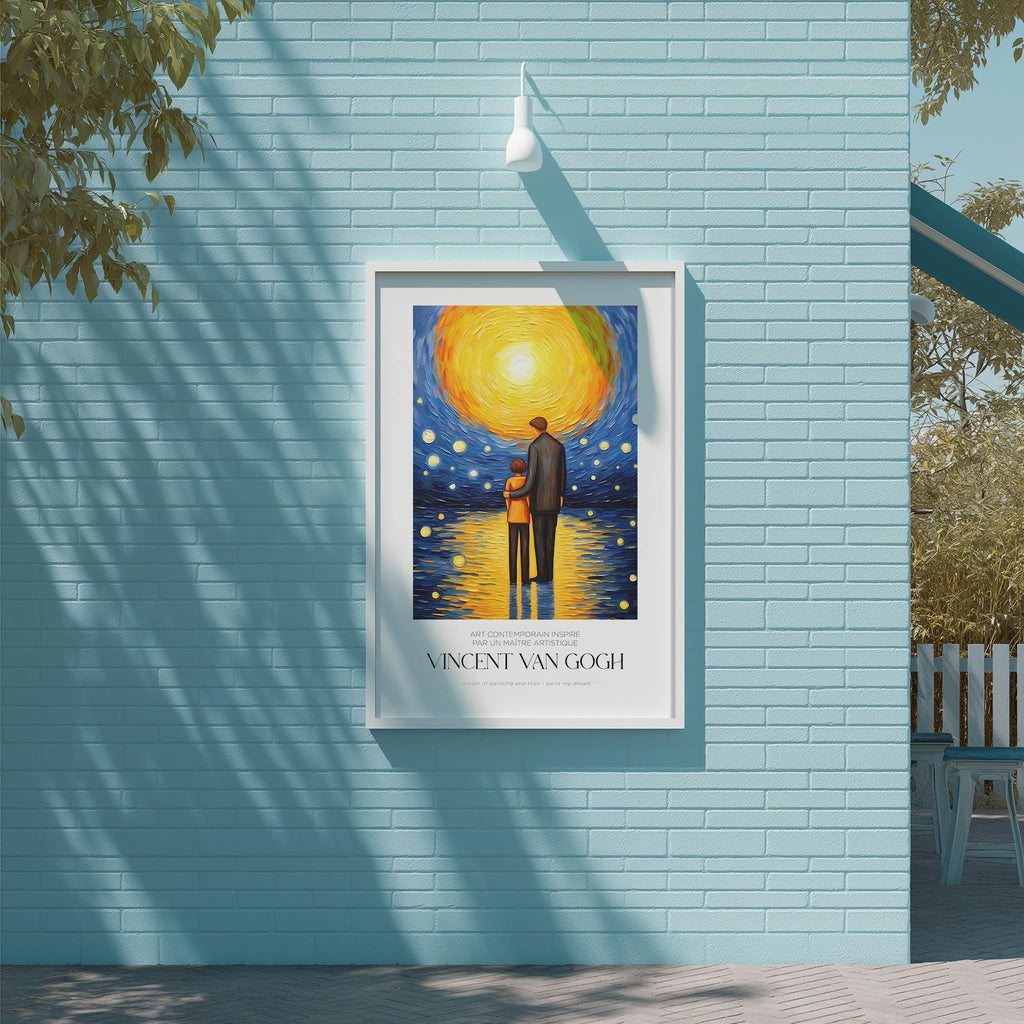a framed painting of Vincent van Gogh's "Starry Night" displayed on a blue brick wall.