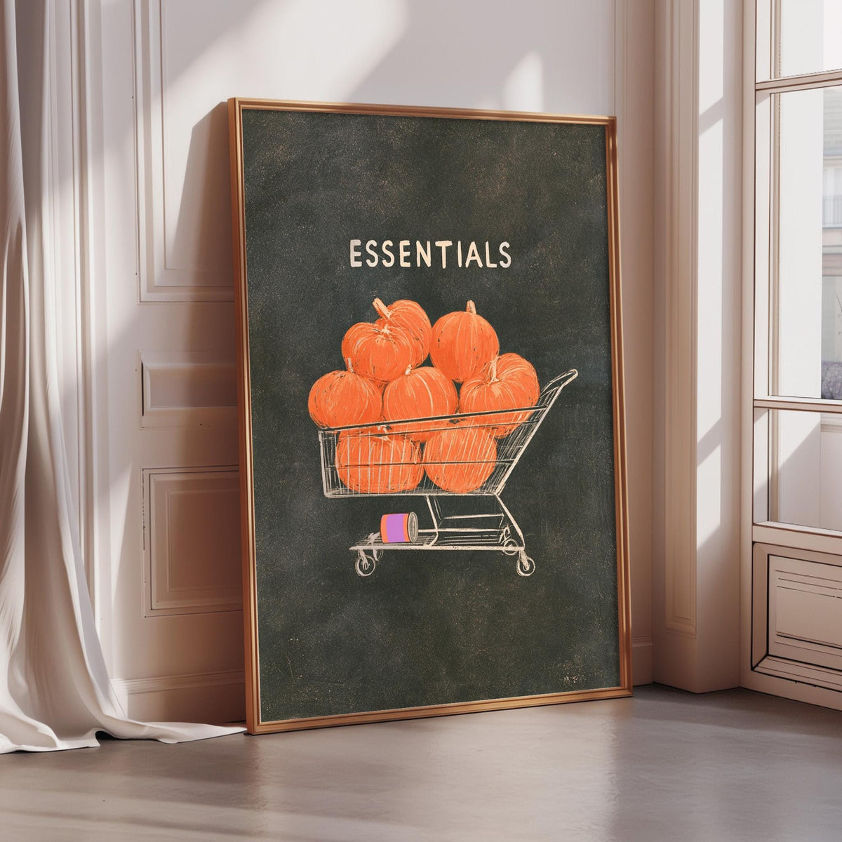 a poster with a black background and a shopping cart filled with orange pumpkins.