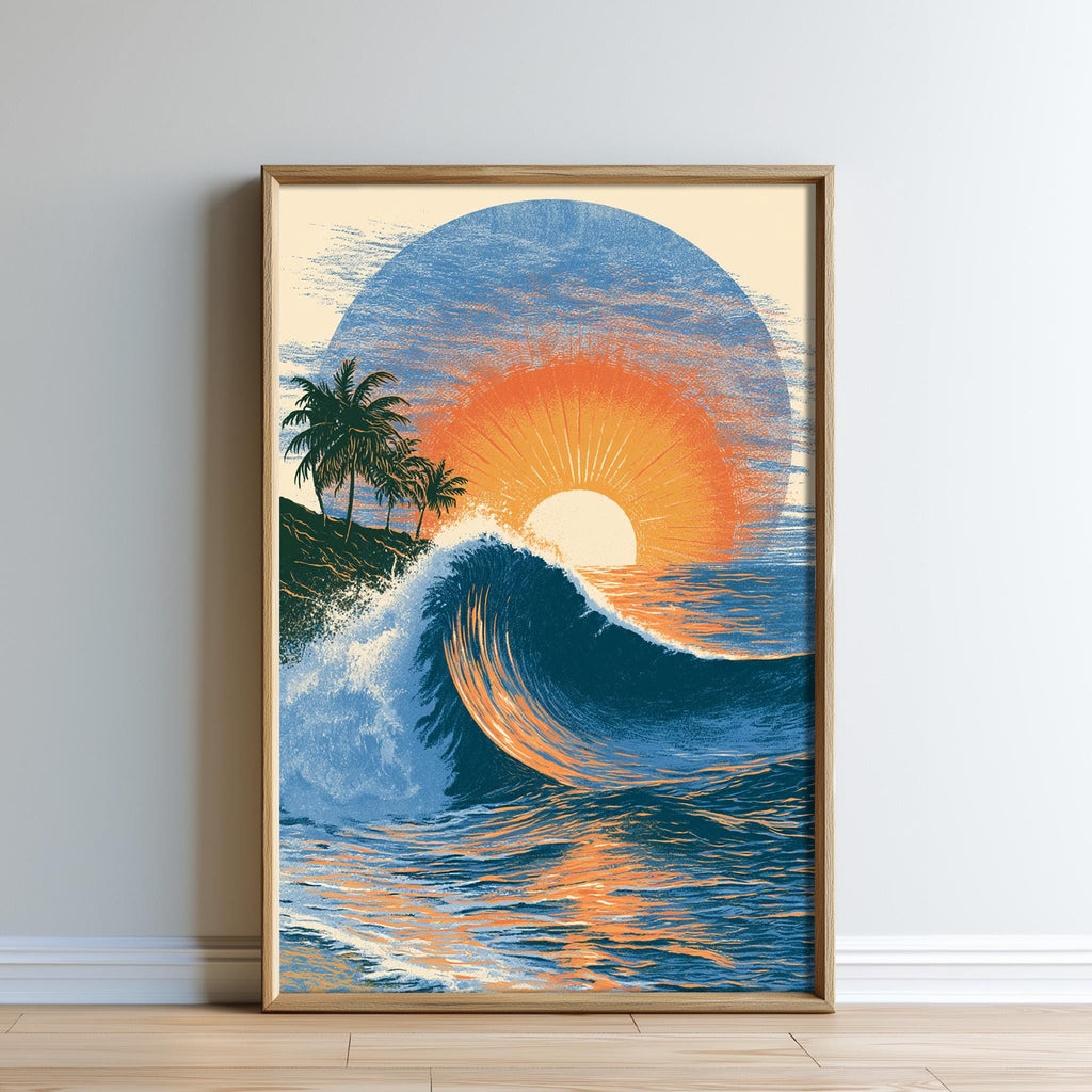 The image is a framed print depicting a vibrant sunset over a crashing wave, with palm trees in the background.