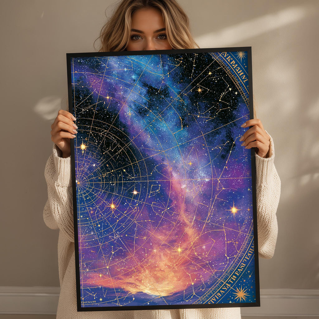 A woman is holding up a framed star map of the night sky, which features a colorful and detailed depiction of the universe.