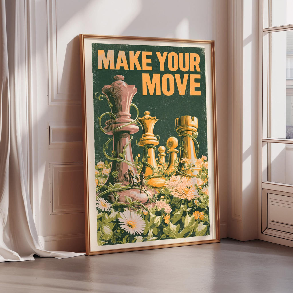 a framed poster with a chessboard and chess pieces, along with the text "MAKE YOUR MOVE" displayed prominently.
