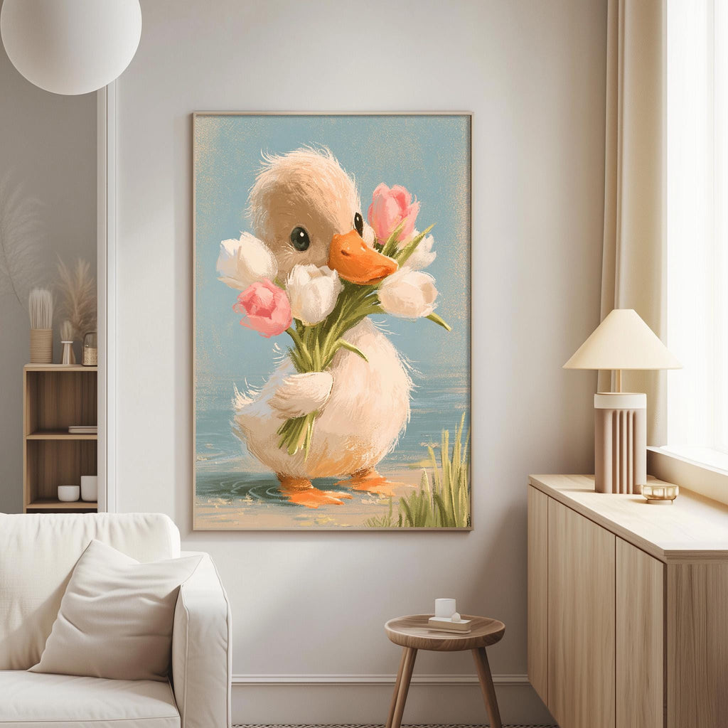 a cozy living room with a large painting of a duck holding a bouquet of flowers hanging on the wall.