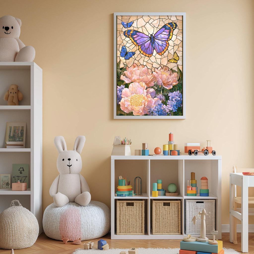 A child's bedroom with a white bookshelf, a stuffed rabbit, a colorful butterfly painting, and various toys and storage bins.