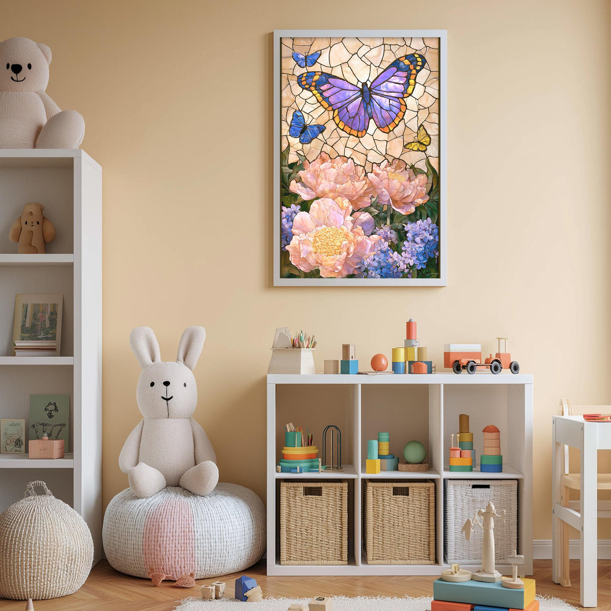 A child's bedroom with a white bookshelf, a stuffed rabbit, a colorful butterfly painting, and various toys and storage bins.