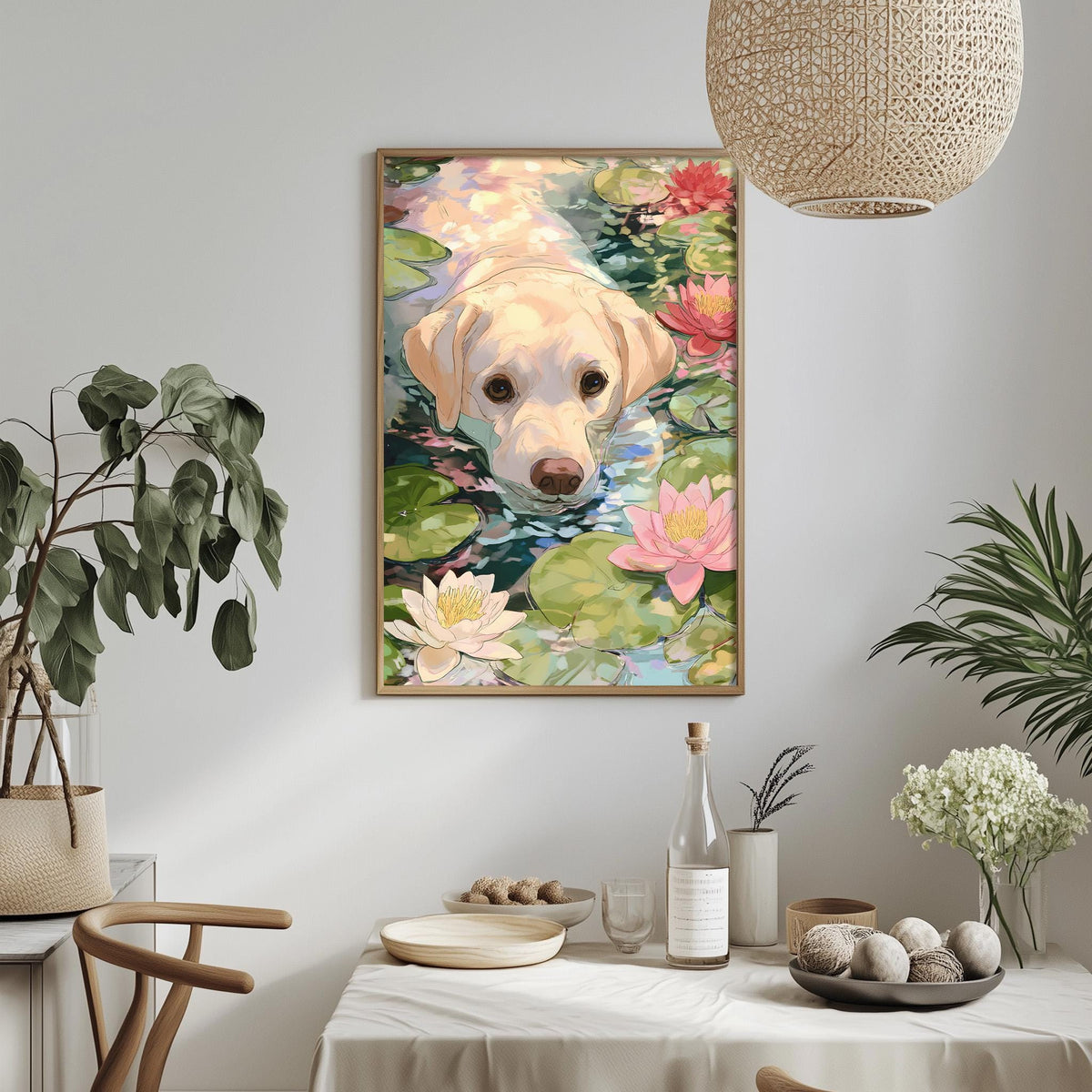a framed painting of a dog swimming in a pond with lily pads, surrounded by flowers, hanging on a wall above a dining table with various decorative items.
