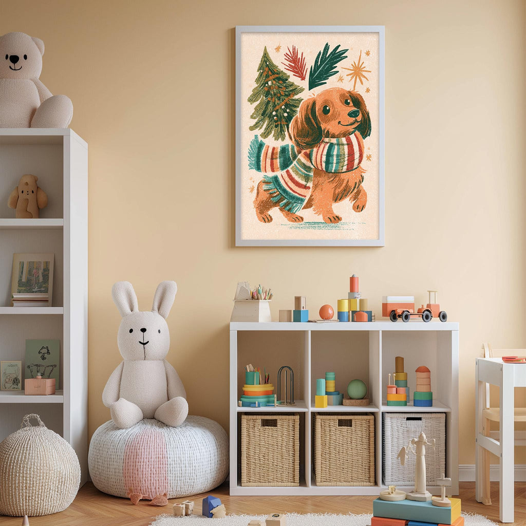 A cozy children's room with a white bookshelf, a stuffed rabbit, a toy train, and a framed illustration of a dog wearing a scarf.