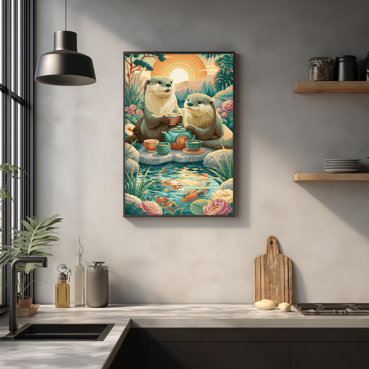 a painting of two otters sitting by a pond, enjoying a tea party. The painting is hanging on a wall above a kitchen counter with various kitchen items such as a cutting board, a bottle, and a vase.