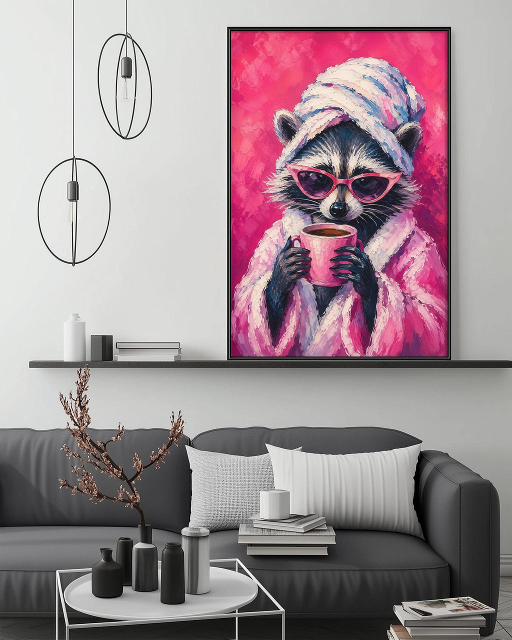 a raccoon wearing a pink bathrobe and sunglasses, holding a pink mug, and sitting on a gray couch with a coffee table in front of it.