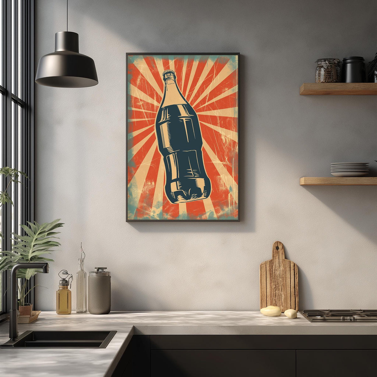 a framed poster of a soda bottle on a wall, with a kitchen counter and various kitchen items in the foreground.