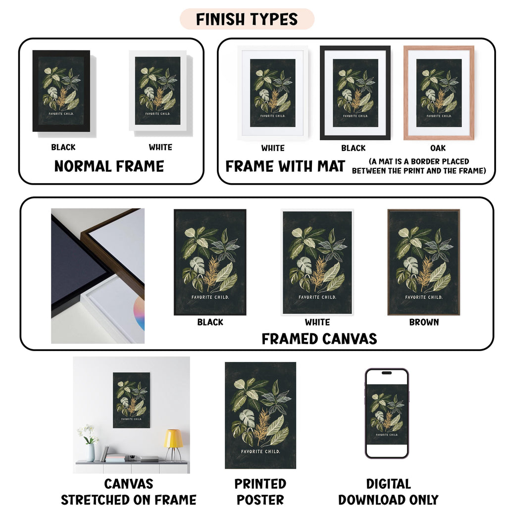 various finish types for framed artwork, including canvas, printed poster, and digital download, each with different color schemes and frame styles.