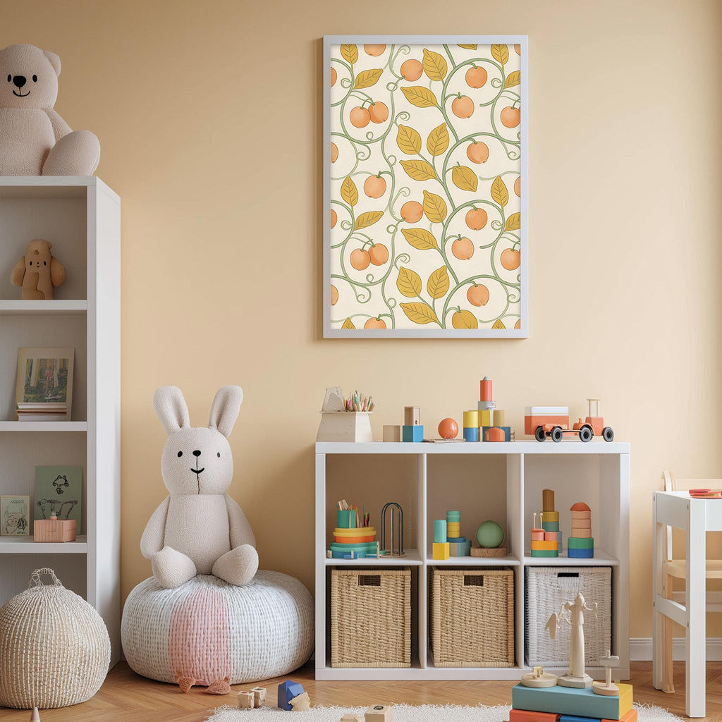 A cozy and colorful children's bedroom with a white bookshelf, a plush rabbit, and a toy train set. The walls are painted a light peach color, and there is a framed print featuring a pattern of orange leaves and green vines hanging on the wall.