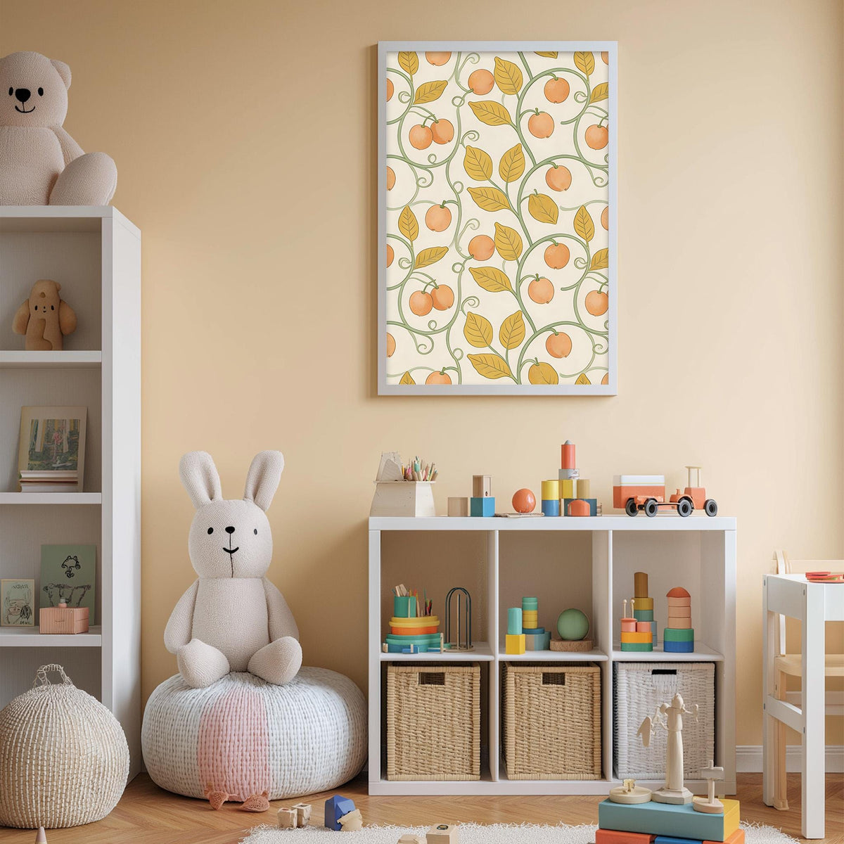 A cozy and colorful children's bedroom with a white bookshelf, a plush rabbit, and a toy train set. The walls are painted a light peach color, and there is a framed print featuring a pattern of orange leaves and green vines hanging on the wall.