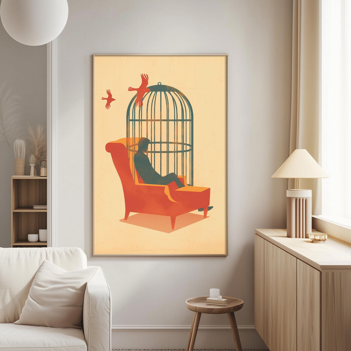 a person sitting in a red armchair, with a bird perched on the back of the chair.