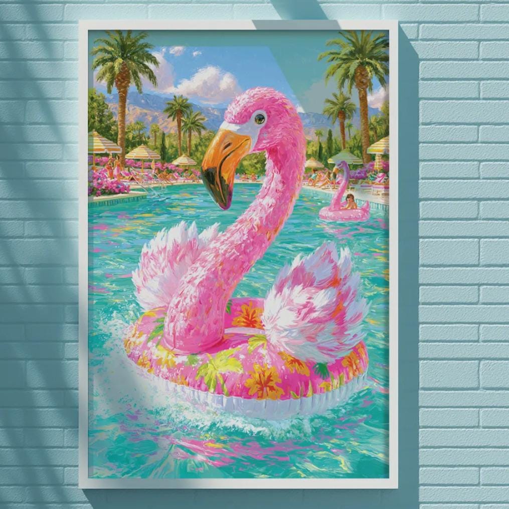 A framed painting of a pink flamingo floating on a pink and yellow inner tube in a tropical pool setting, with palm trees and a blue sky in the background.