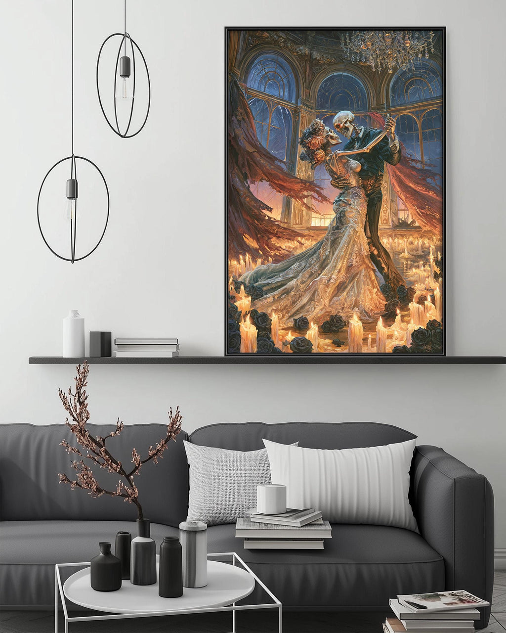 a large, colorful painting of a couple dancing in an ornate, gothic-style room, hanging on a wall above a gray couch.