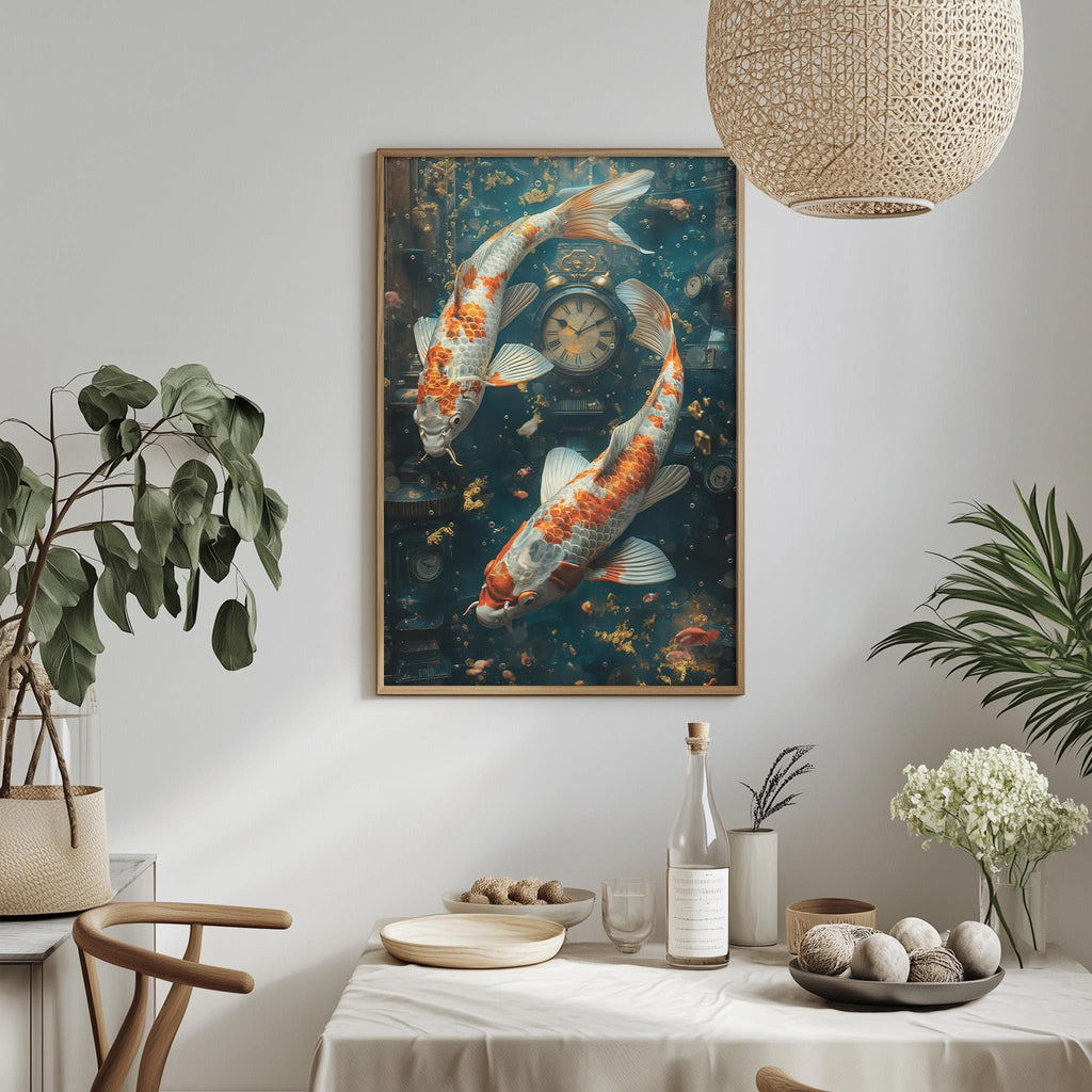 a dining table with a white tablecloth, a bowl of fruit, a bottle, and a vase with flowers. Above the table, there is a framed painting of two koi fish swimming in a blue background.
