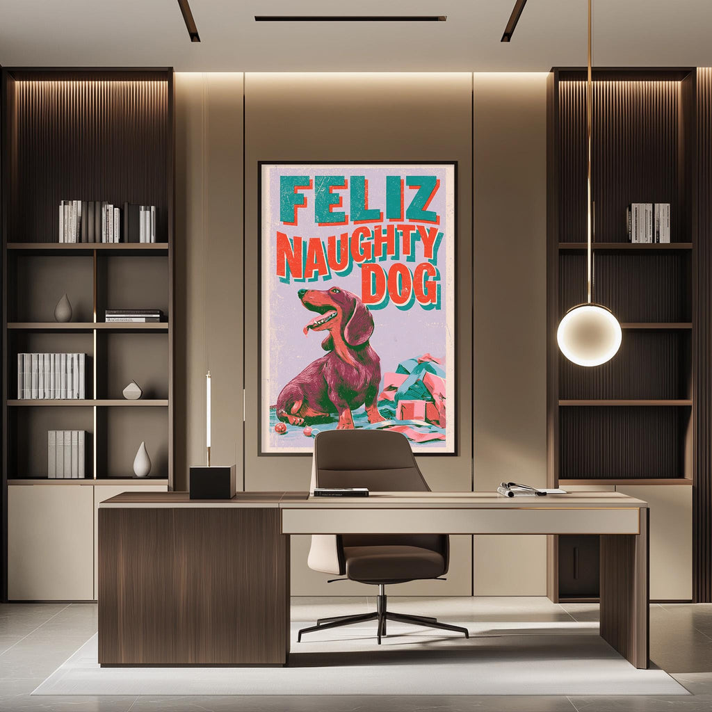 a modern office space with a large framed poster of a dog on the wall, a desk with a chair, and a bookshelf.