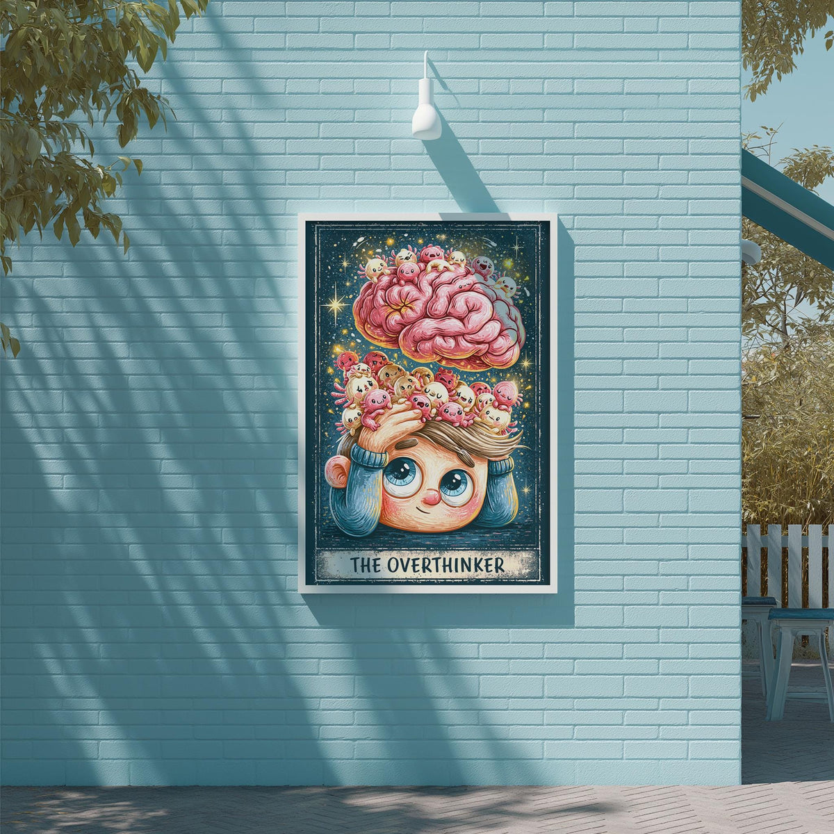 a poster of a young girl with a pink brain on her head, wearing a blue sweater and glasses, and the text "THE OVERTHINKER" below the image.
