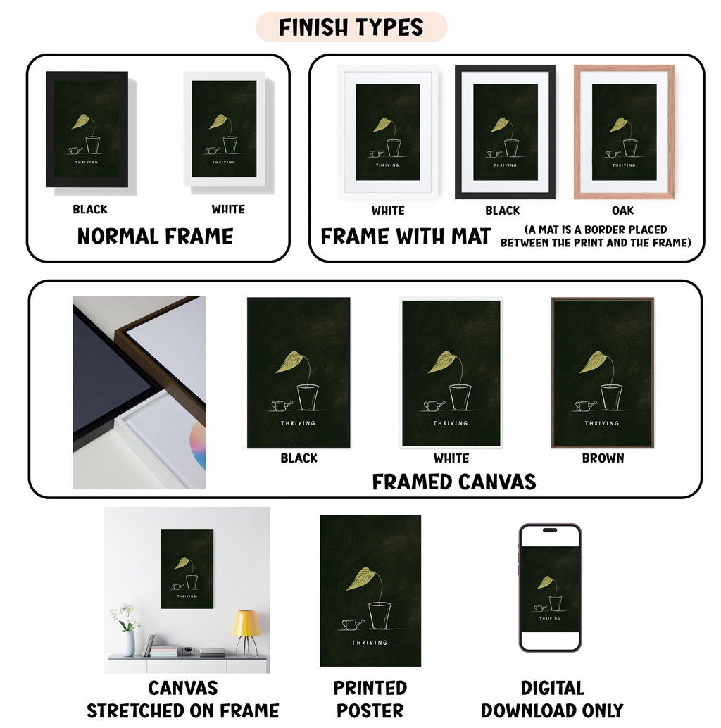 various types of artwork, including framed prints, canvas prints, and digital prints, each with different finishes and frame types.