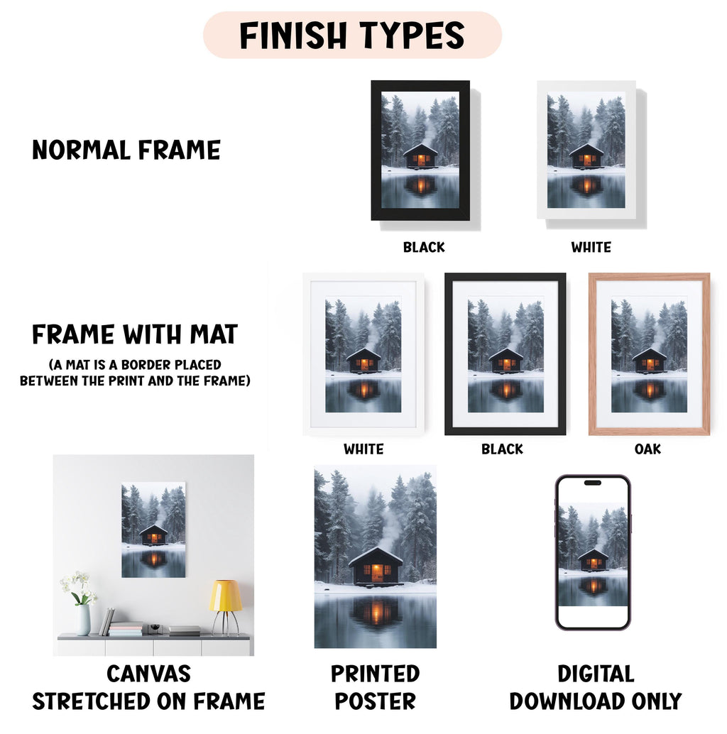 various finish types for a canvas print, including a normal frame, a frame with mat, white, black, and oak frames, and a digital poster.