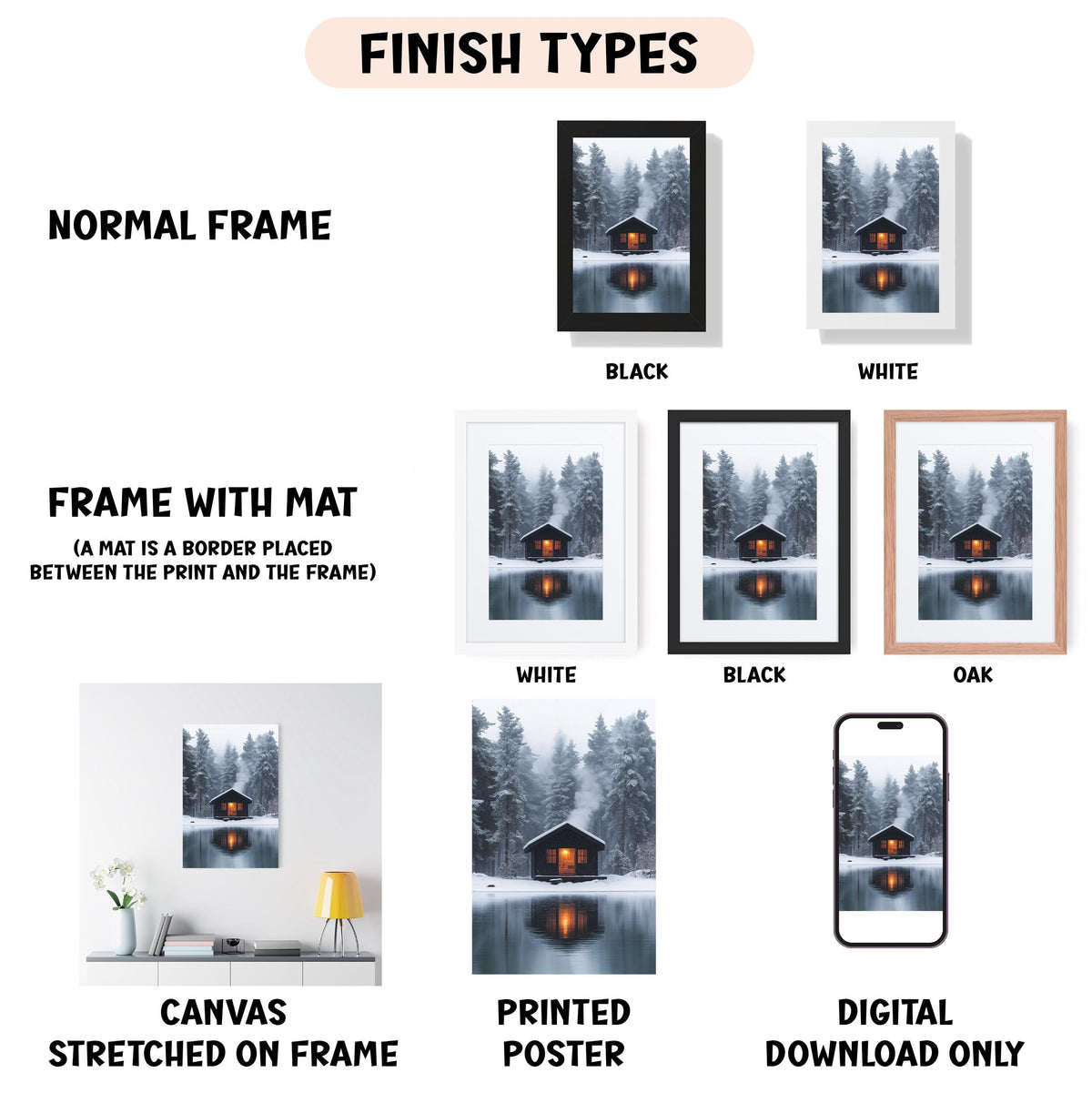 various finish types for a canvas print, including a normal frame, a frame with mat, white, black, and oak frames, and a digital poster.