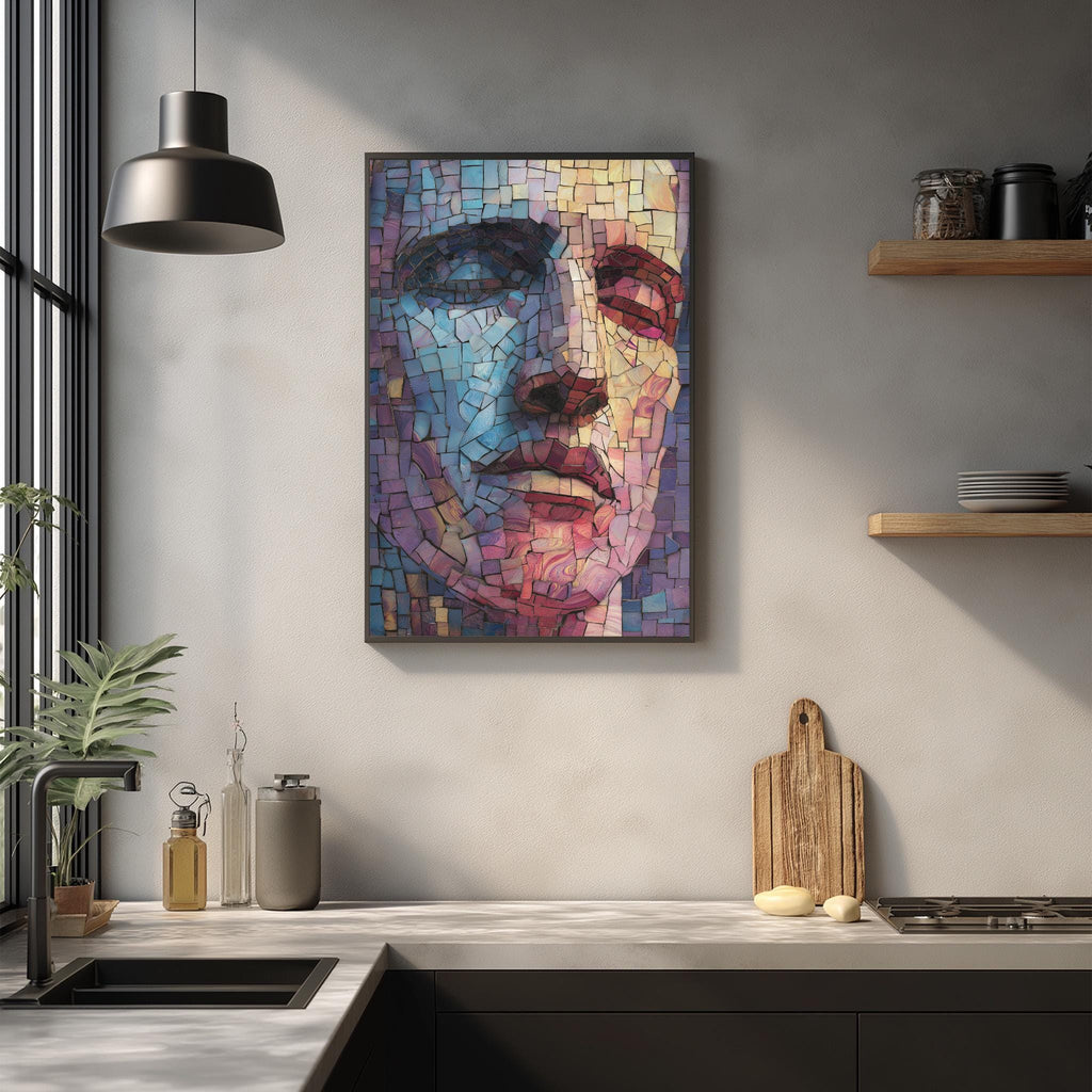 a modern kitchen with a large, colorful mosaic portrait of a face hanging on the wall above a wooden cutting board and other kitchen items.