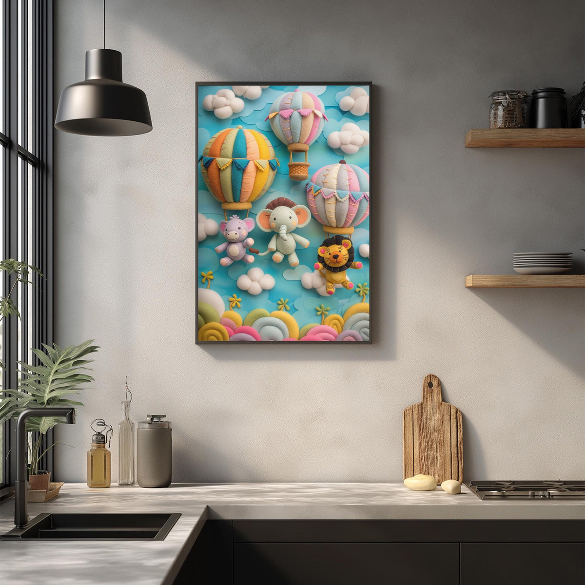 a vibrant and whimsical scene of a group of colorful hot air balloons floating in the sky, accompanied by a charming illustration of a lion and a rabbit. The scene is set against a backdrop of fluffy clouds, creating a sense of wonder and playfulness. The image is displayed on a wall, and the kitchen counter in the foreground adds a touch of everyday life to the scene.