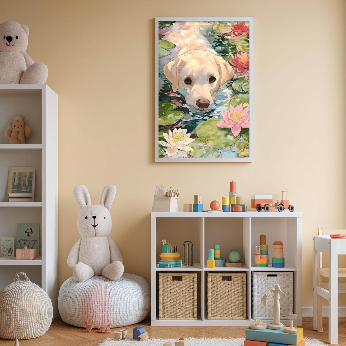 A cozy children's room with a large framed painting of a dog in a pond, surrounded by toys and a bookshelf filled with various items.