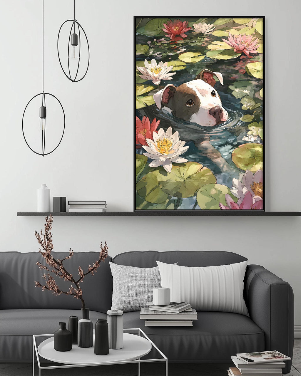 a large painting of a dog swimming in a pond filled with colorful lily pads, hanging on a wall above a gray couch in a living room setting.
