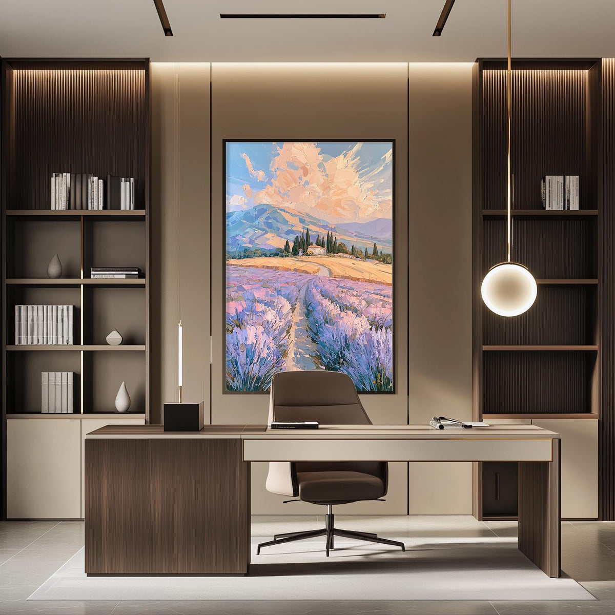 a modern and well-designed office space with a large painting of a field of lavender flowers hanging on the wall. The painting is framed in a wooden frame and is the focal point of the room. The office features a desk with a chair, and a bookshelf filled with books and decorative items. The overall design and layout of the space create a calm and inviting atmosphere.