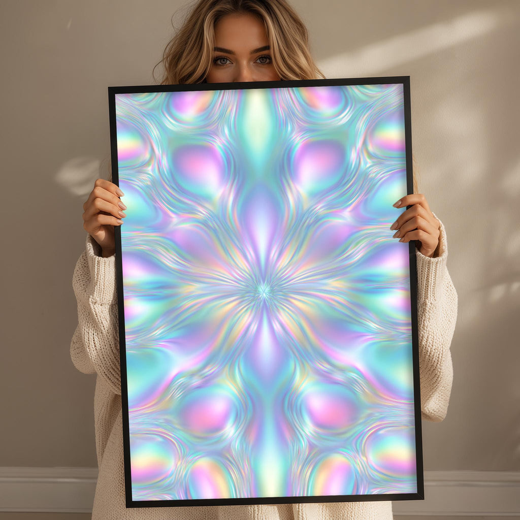A woman is holding up a framed poster with a vibrant, abstract floral design in shades of blue, pink, and green.